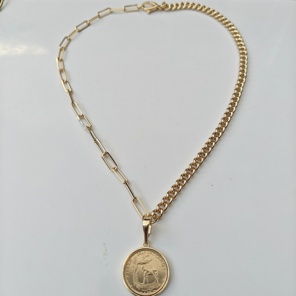 Bellezza Italian Gold Tone Vatican City 20 Lira Coin Mixed Link Necklace Italy